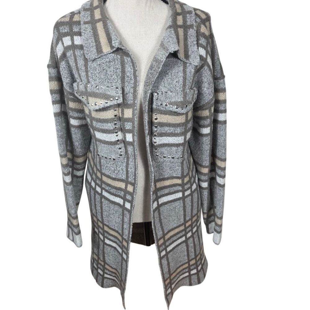 Madison Paris New York Plaid‎ Long Cardigan Sweater Women's XL Studded Pockets